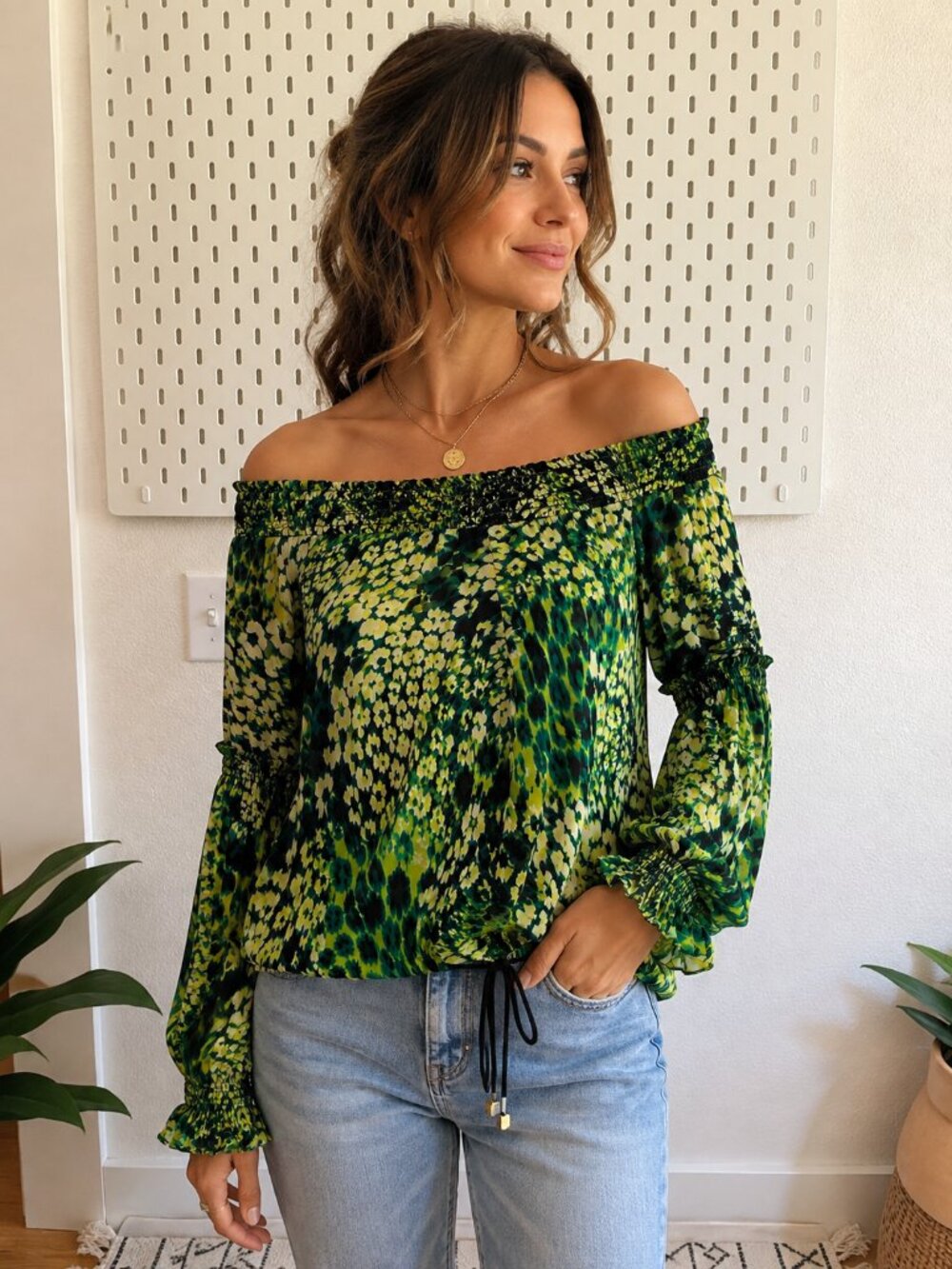 Marciano by GUESS 100% Silk Green Animal Print Off Shoulder Blouse S